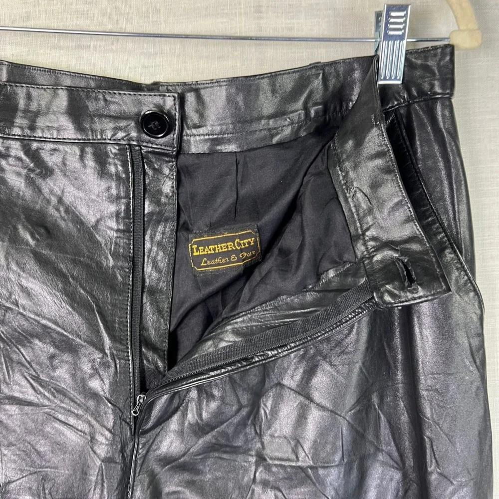 VTG Leather City Mens‎ Size 34 Pants Baggy Black Genuine Leather Pleated Lined